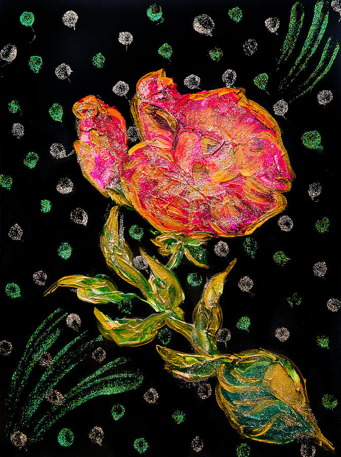 Abstract Painting - Golden Sparkling Red Rose by Alex Art