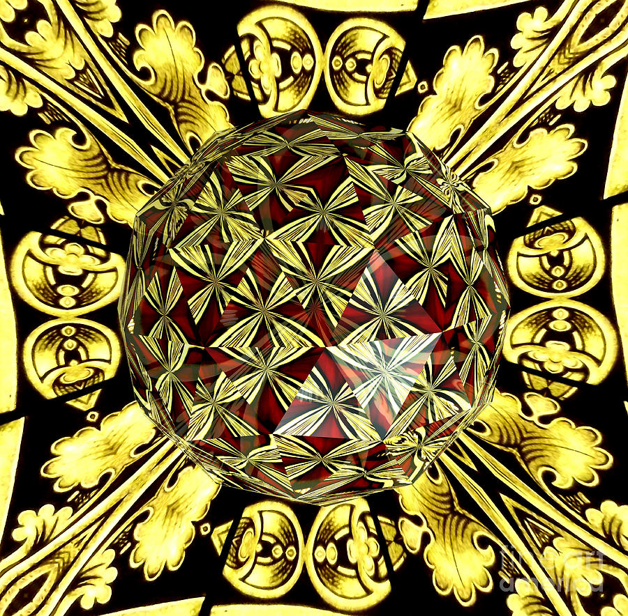 Abstract Photograph - Golden Stained Glass Kaleidoscope Under Glass by Rose Santuci-Sofranko