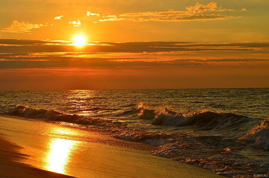 Golden Sunrise Colors with Waves and Horizon Clouds on Navarre Beach Photograph by Jeff at JSJ Photography