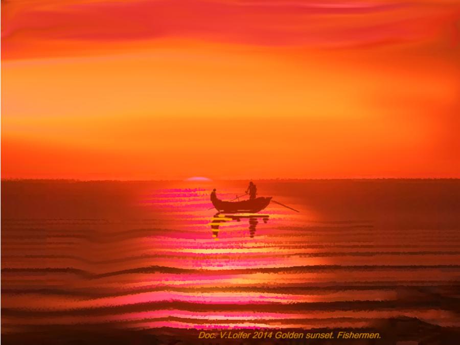 Golden sunset. Fishermen. Digital Art by Dr Loifer Vladimir