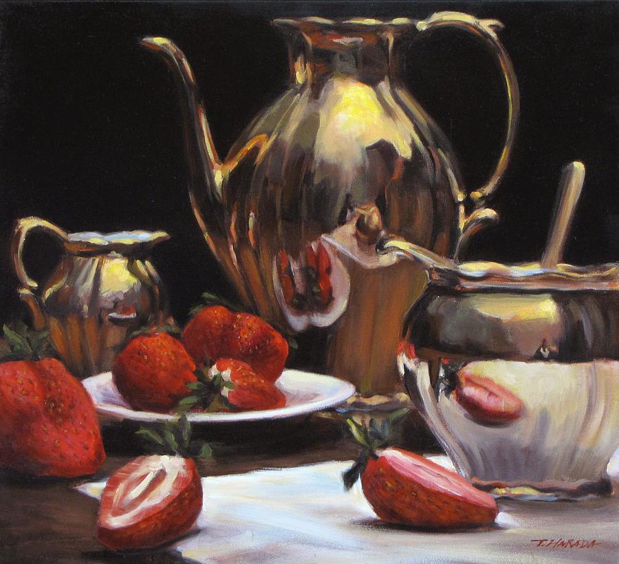 Fruit Still Life Painting - Golden Tea Pot and Strawberry by Takayuki Harada