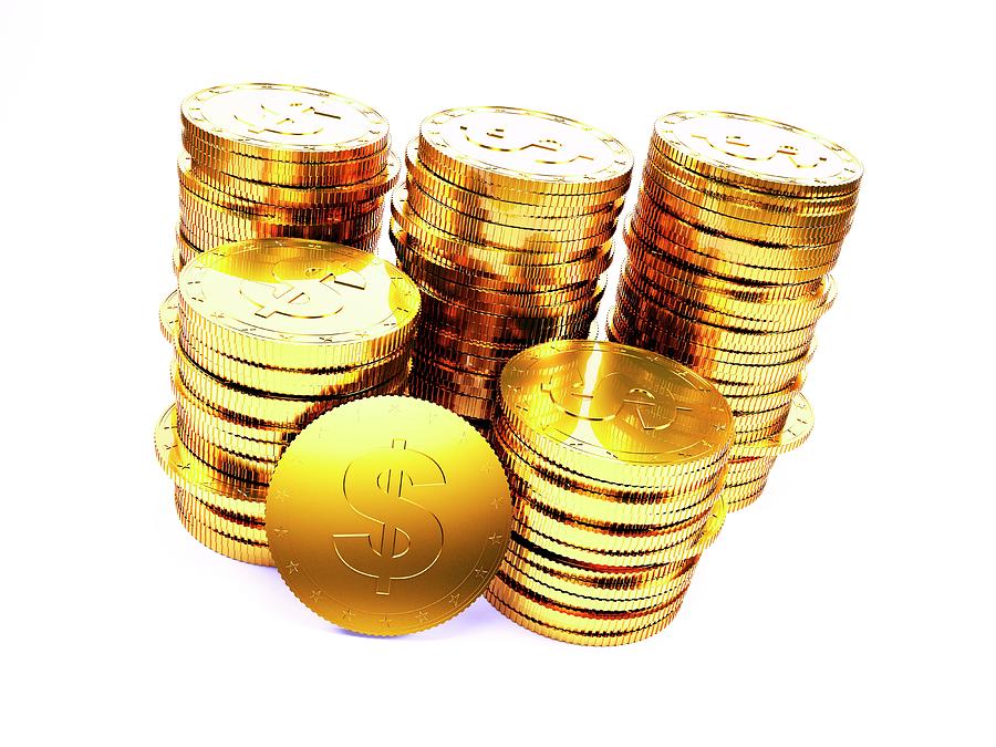 Sign Photograph - Golden Us Dollar Coins by Sebastian Kaulitzki