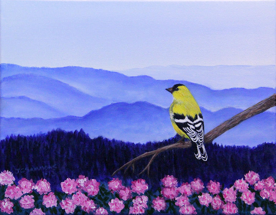 Goldfinch and Rhododendrens Painting by Janet Greer Sammons
