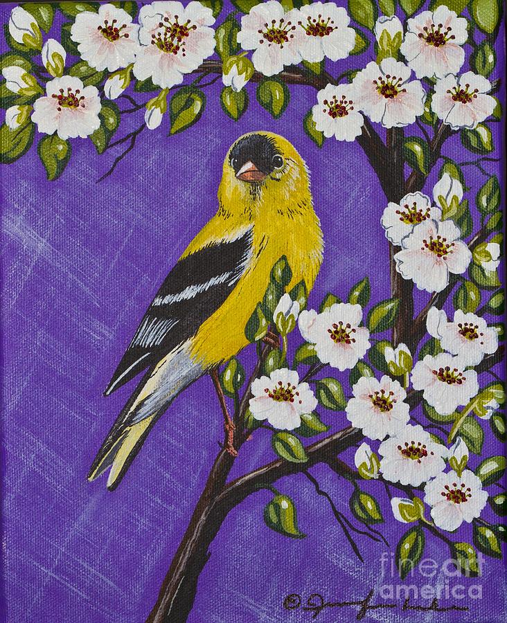 Goldfinch in Pear Blossoms Painting by Jennifer Lake