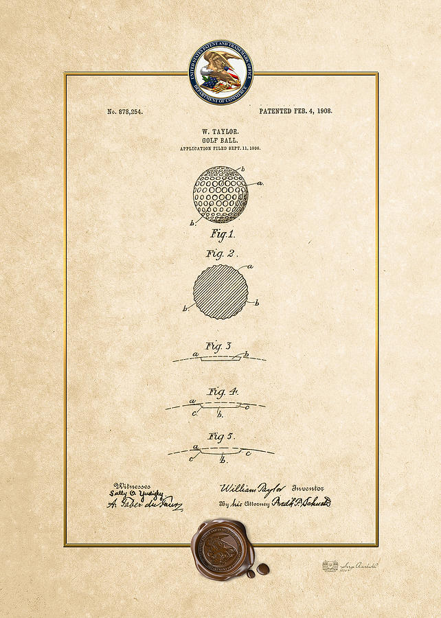 Golf Ball by William Taylor - Vintage Patent Document Digital Art by Serge Averbukh