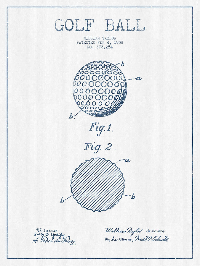 Golf Ball Patent Drawing From 1908 - Blue Ink Digital Art