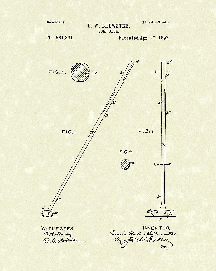 Golf Club 1897 Patent Art Drawing by Prior Art Design