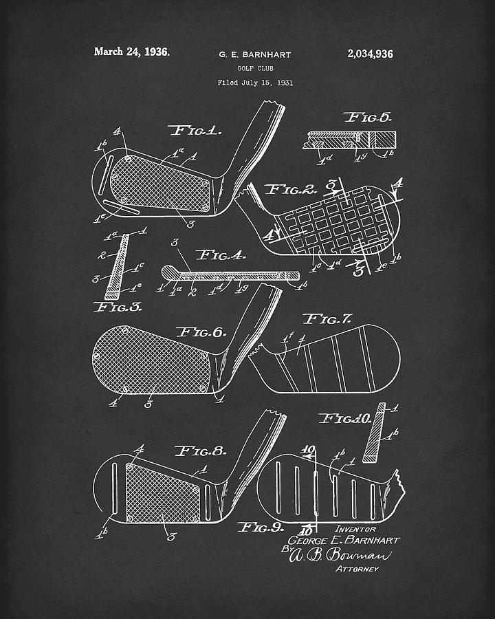 Golf Drawing - Golf Club 1936 Patent Art Black by Prior Art Design