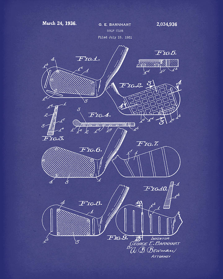 Golf Club 1936 Patent Art Blue Drawing by Prior Art Design