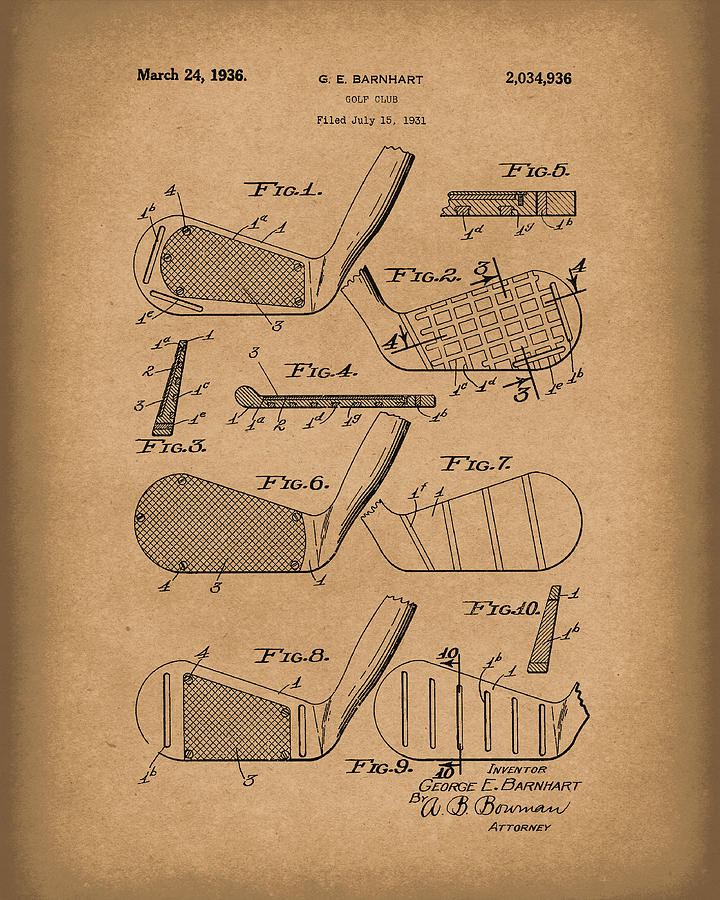 Golf Club 1936 Patent Art Brown Drawing by Prior Art Design