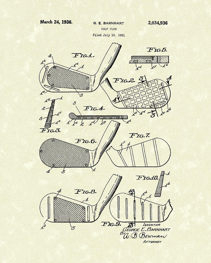 Golf Drawing - Golf Club 1936 Patent Art by Prior Art Design