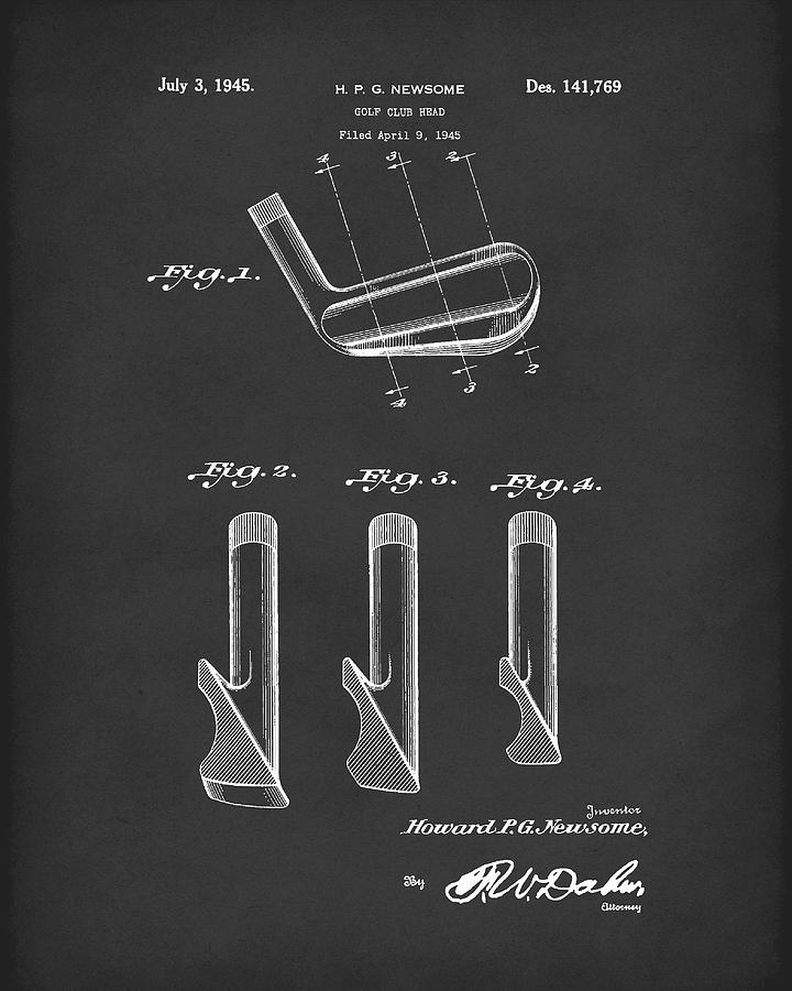 Golf Club 1945 Patent Art Black Drawing by Prior Art Design
