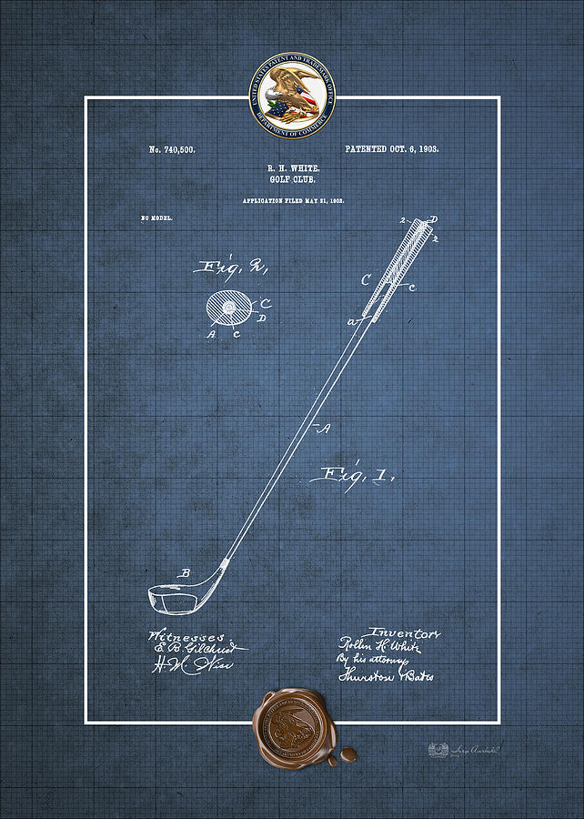 Golf club by Rollin H. White - Vintage Patent Document Digital Art by Serge Averbukh