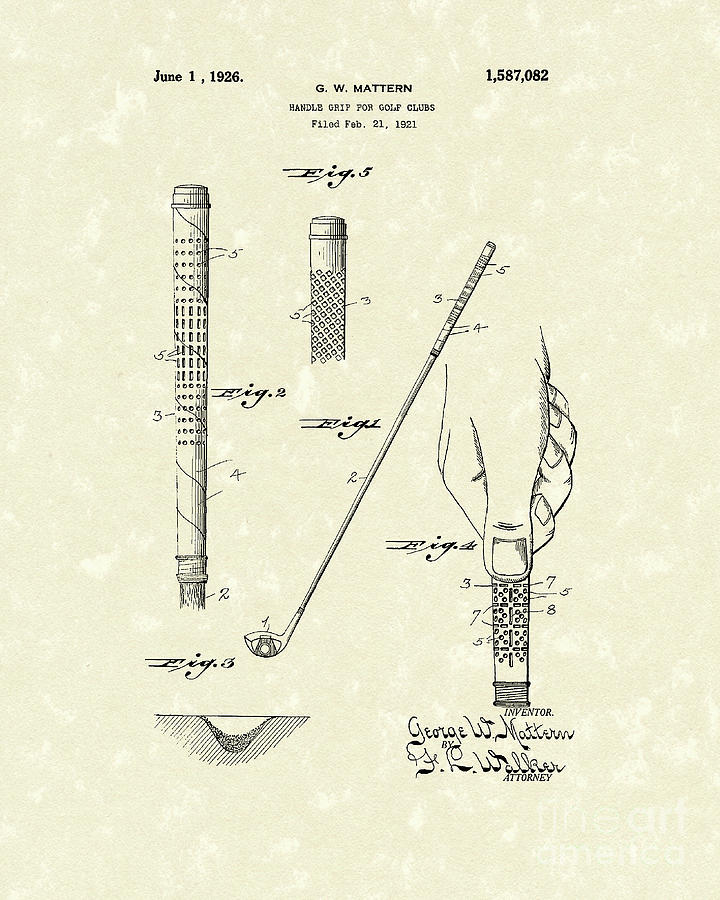 Golf Club Grip 1926 Patent Art Drawing by Prior Art Design