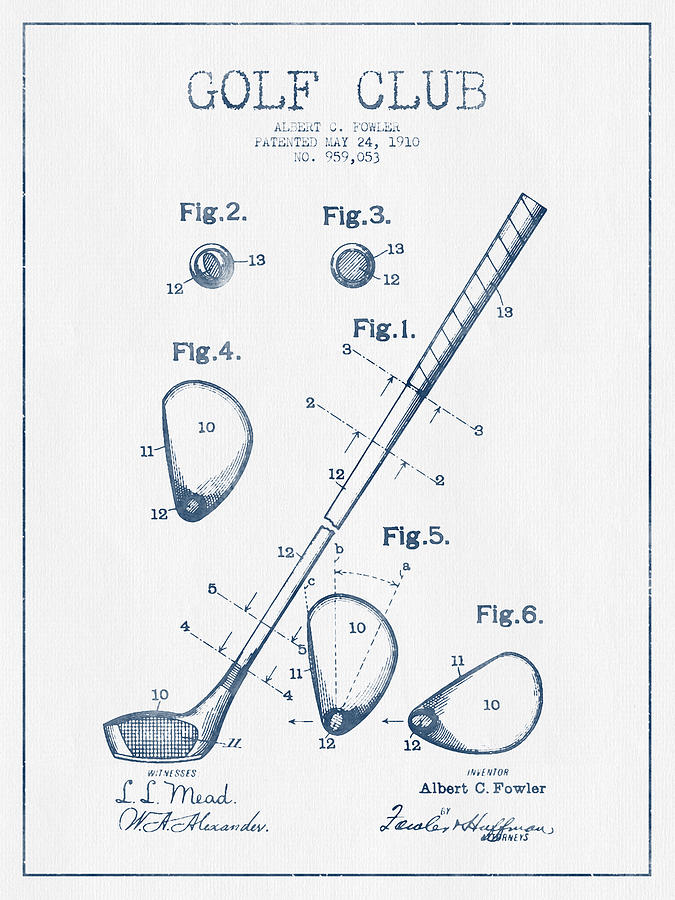 Golf Club Patent Drawing From 1910 - Blue Ink Digital Art