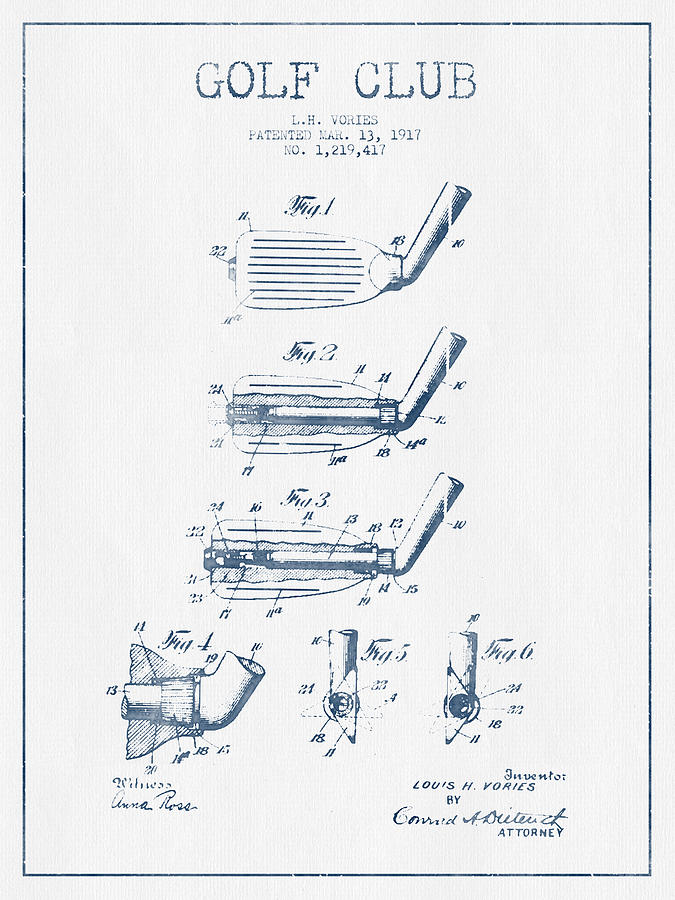 Golf Club Patent Drawing From 1917 - Blue Ink Digital Art