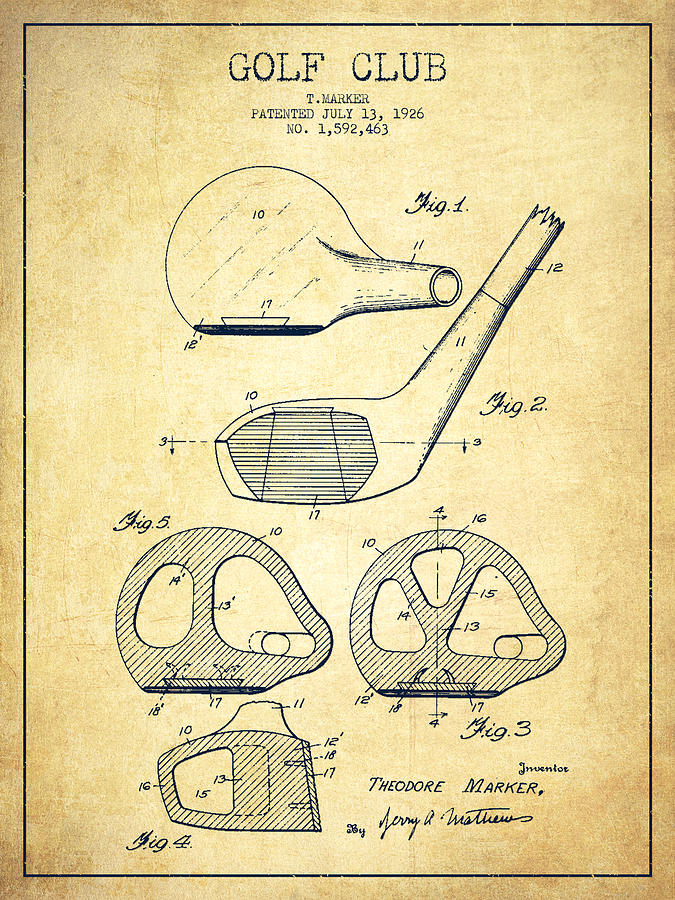 Golf Club Patent Drawing From 1926 - Vintage Digital Art