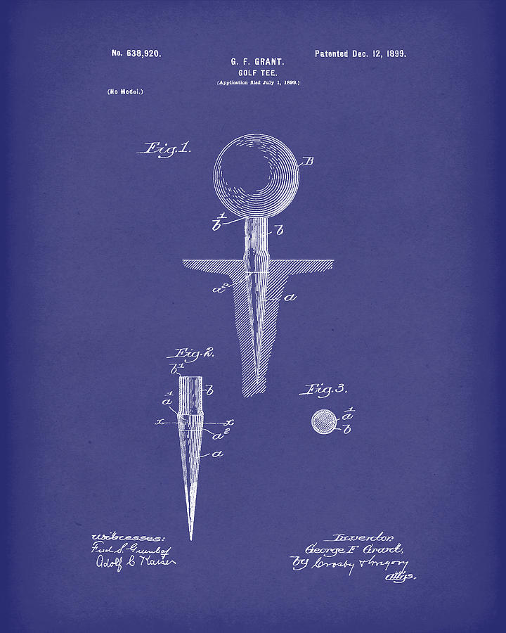 Golf Tee 1899 Grant Patent Art Blue Drawing by Prior Art Design