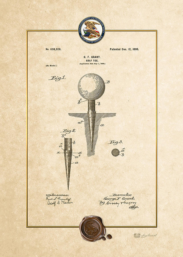 Golf tee by George F. Grant - Vintage Patent Document Digital Art by Serge Averbukh