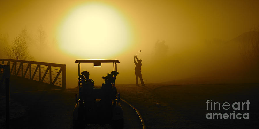Golfer in the Golden Sunrise fog on a misty morning with a golf  Photograph by ELITE IMAGE photography By Chad McDermott