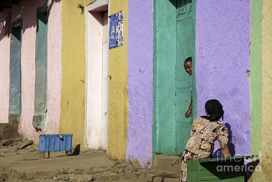 Gonder Gondar Ethiopia Women By Bright Colour Painted Houses Photograph by JM Travel Photography