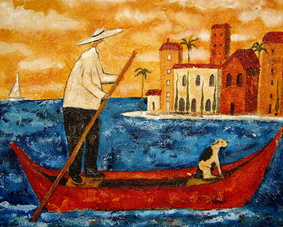 Sunset Painting - Gondola Boat Dog Pet Venice Animal Italian Whimsical Folk Debi Hubbs Children Art by Debi Hubbs