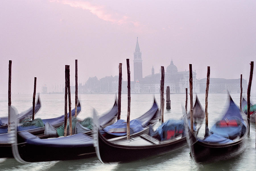 Boat Photograph - Gondolas and San Giorgio at Sunrise in Venice by Greg Matchick