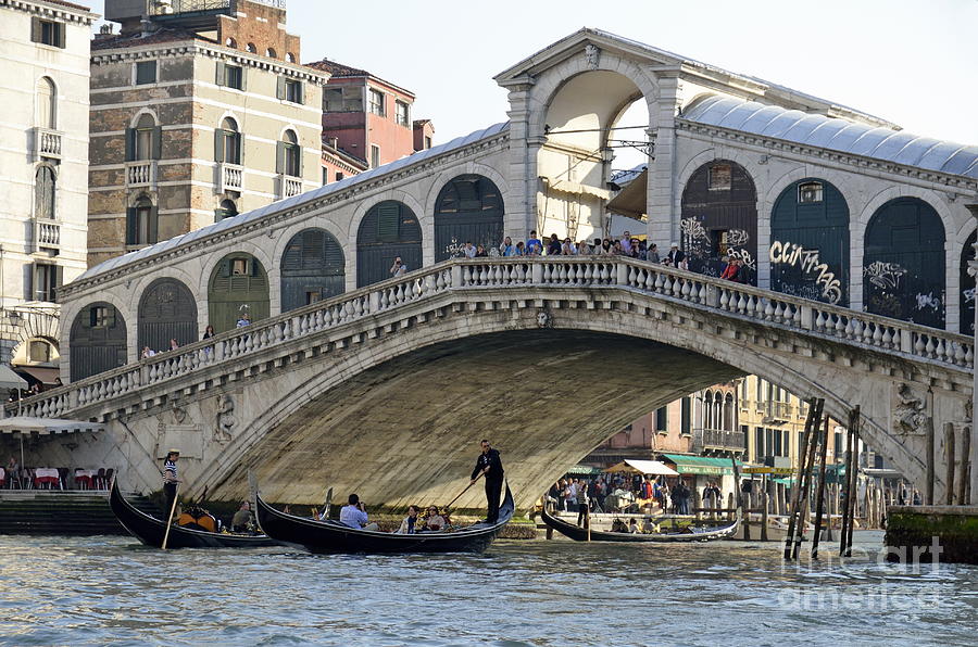 Gondolas beneath Rialto bridge on Grand canal Photograph by Sami Sarkis ...