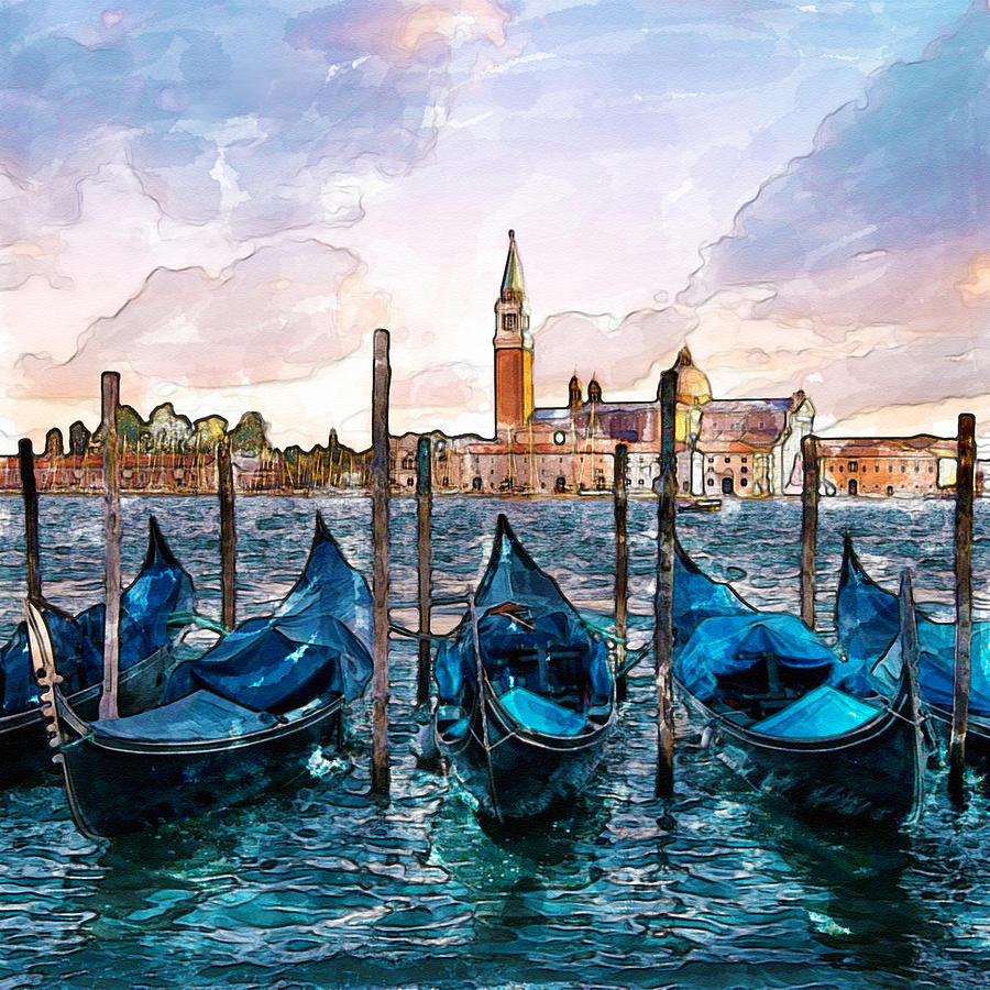 Gondolas in Venice watercolor Painting by Marian Voicu - Pixels Merch