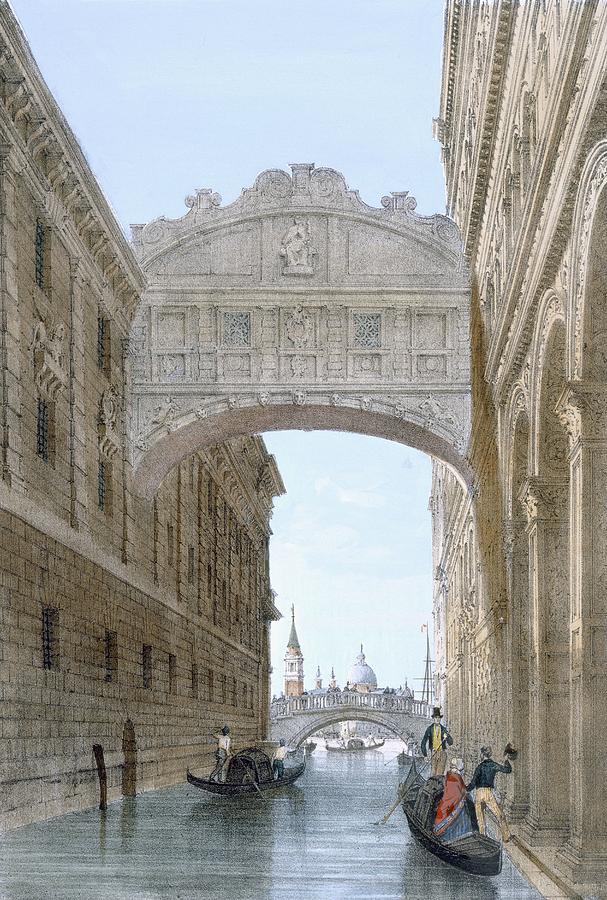 Architecture Painting - Gondolas Passing Under The Bridge of Sighs by Giovanni Battista Cecchini