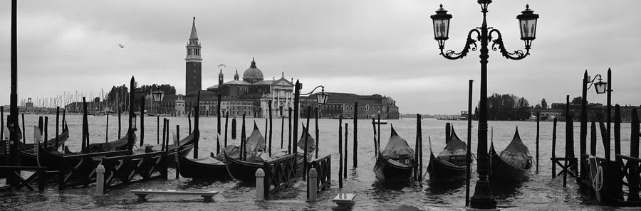 Black And White Photograph - Gondolas With A Church by Panoramic Images