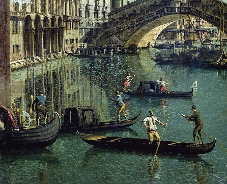 Boat Photograph - Gondoliers Near The Rialto Bridge, Venice Oil On Canvas Detail Of 155335 by Canaletto