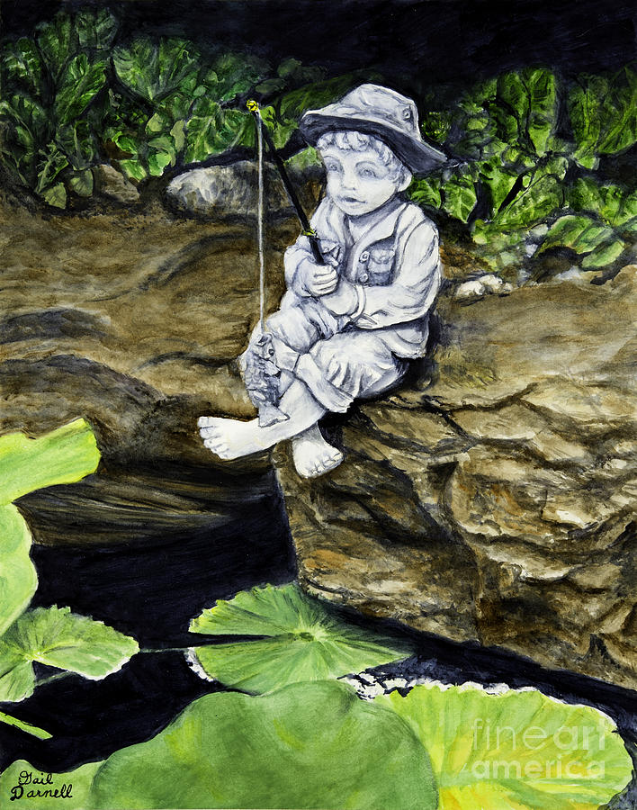 Gone Fishing Statue beside a Koi Pond Painting by Gail Darnell - Pixels