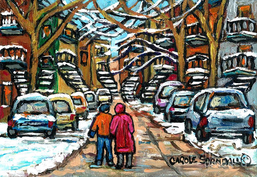 Good Day In January For Winter Stroll Snowy Trees And Cars Verdun Street Scene Painting Montreal Art Painting by Carole Spandau