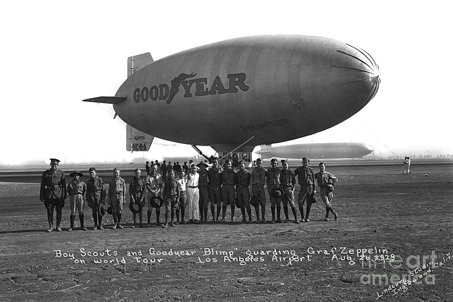 Los Angeles Photograph - Good Year Blimp Volunteer Guarding the Graft Zeppelin Los Angeles Aug. 26 1929 by Monterey County Historical Society
