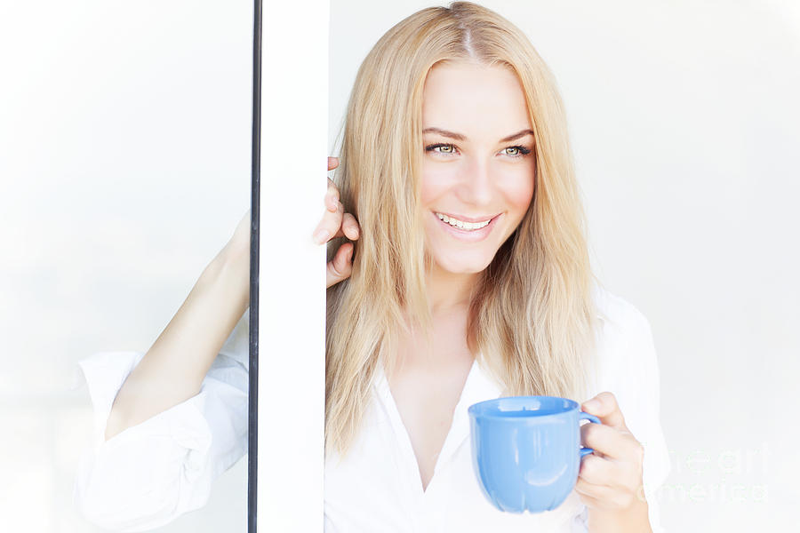 Gorgeous woman with coffee cup Photograph by Anna Om