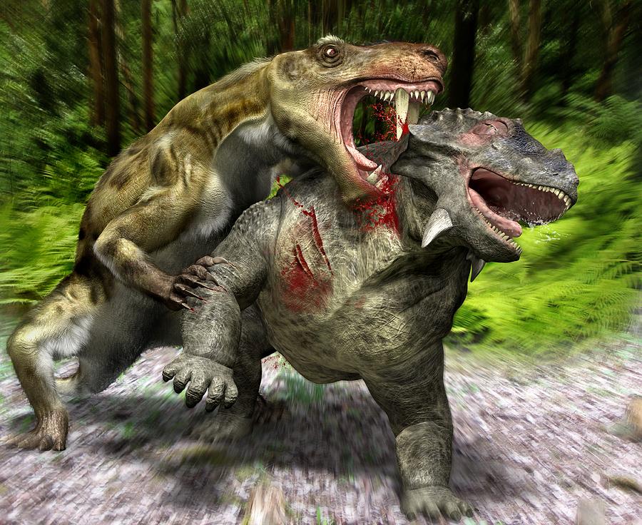 Prehistoric Photograph - Gorgonopsian reptile attack, artwork by Science Photo Library