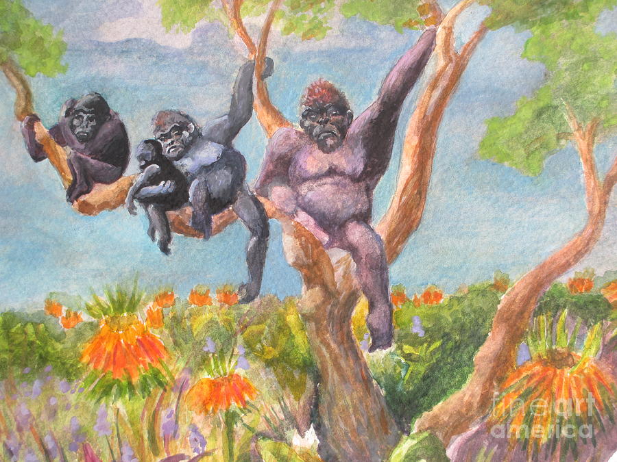 Gorilla Family with Orange Flowers Painting by Lynn Maverick Denzer