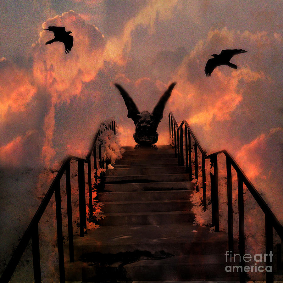 Gothic Gargoyle On Staircase Into Clouds With Flying Ravens - Surreal Gothic Gargoyle and Ravens Photograph by Kathy Fornal