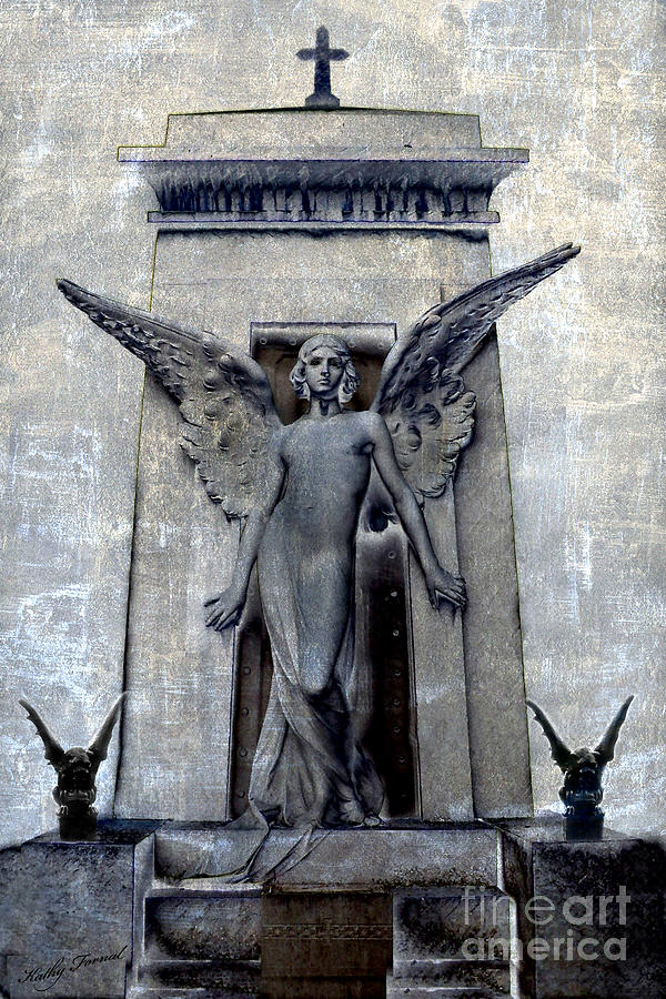 Gothic Surreal Angel With Gargoyles - Fantasy Angel Gargoyle Cemetery Grave Art Photograph by Kathy Fornal