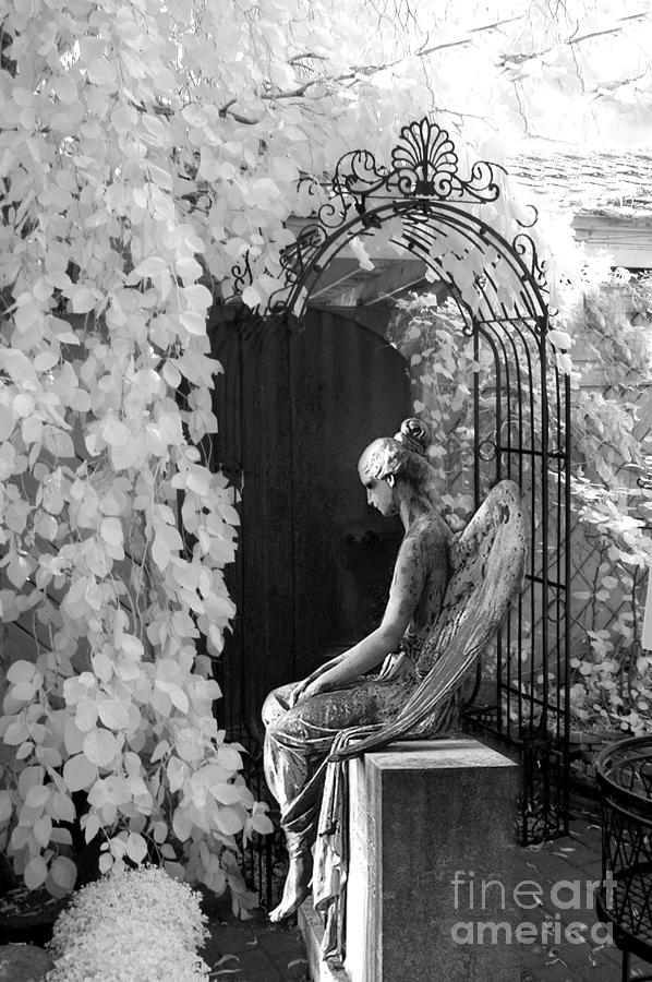 Infrared Photograph - Gothic Surreal Black and White Infrared Angel Statue Sitting In Mourning Sadness Outside Mausoleum  by Kathy Fornal