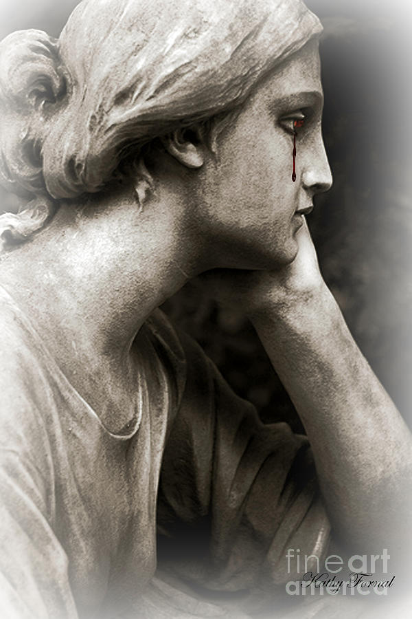 Gothic Surreal Cemetery Mourner Female Face - Mourning Female Statue Crying Tears - Sad Angel Art Photograph by Kathy Fornal