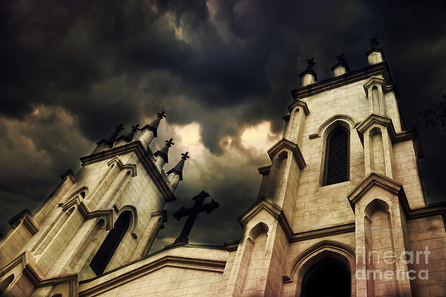 Gothic Church Haunting Church Steeple With Cross - Dark Gothic Church Black Spooky Midnight Sky Photograph by Kathy Fornal