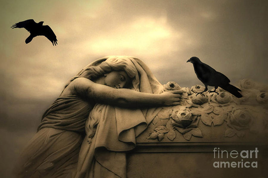 Gothic Surreal Haunting Female Cemetery Draped Over Coffin With Black Ravens Photograph by Kathy Fornal