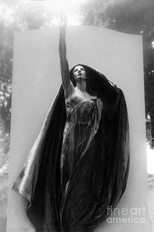 Gothic Surreal Haunting Female Cemetery Mourner Figure Black Caped Woman In Front of Gravestone Photograph by Kathy Fornal
