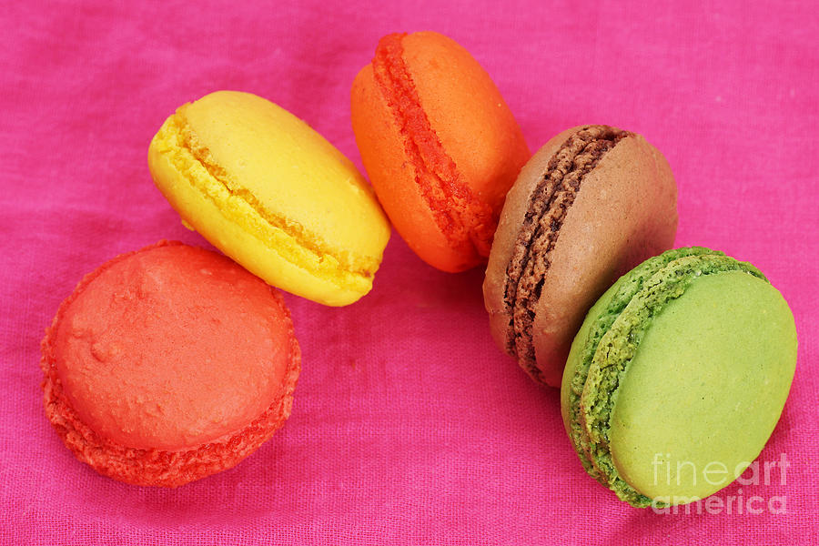 Cake Photograph - Goup of macaroons over pink by Sylvie Bouchard