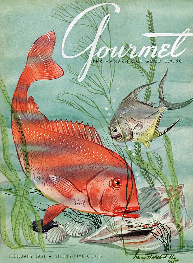 Fish Painting - Gourmet Cover Featuring A Snapper And Pompano by Henry Stahlhut