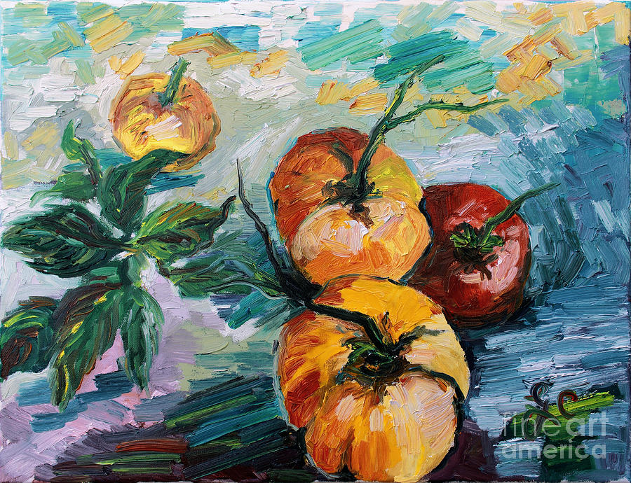 Gourmet Heirloom Tomatoes and Basil Still Life Painting by Ginette Callaway