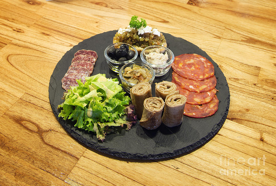Gourmet Snack Foods Platter On Wooden Table Photograph