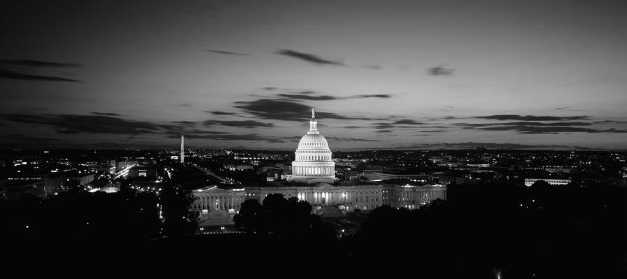 Black And White Photograph - Government Building Lit Up At Night, Us by Panoramic Images